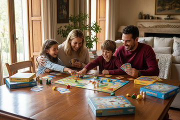 Familia jugando a juegos de mesa educativos en casa sin pantallas