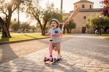 Niño pequeño montando un patinete rosa de 3 ruedas con asiento y luces LED en un parque soleado