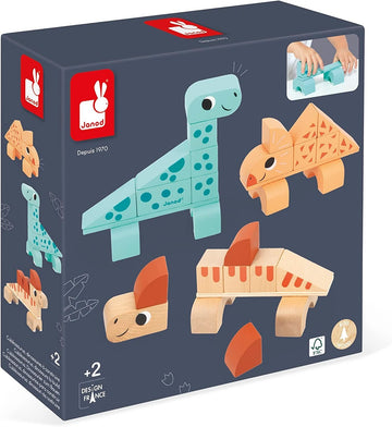 Juego de construcción de madera con tres dinosaurios sobre una mesa, ideal para jugar y aprender en casa