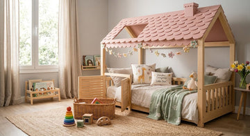 Cama casita de madera natural Montessori Colección Arias Nature vista a ras de suelo con cesta de juguetes seleccionados para rotación en primavera