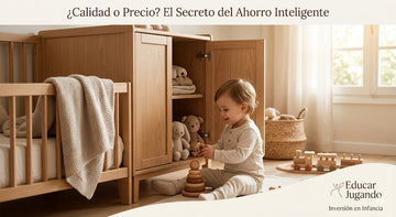 Un niño pequeño jugando cerca de una Cuna-Armario Nature de madera en una habitación acogedora y bien iluminada | Educar Jugando