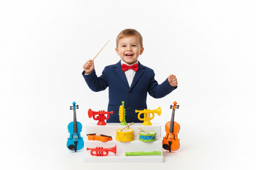Niño dirigiendo una orquesta de juguete con batuta mágica - Director de Orquesta Hape E0642