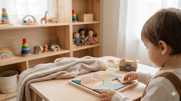 Niño concentrado con un puzle de madera para aprender jugando de verdad y fomentar un desarrollo real sin pantalla