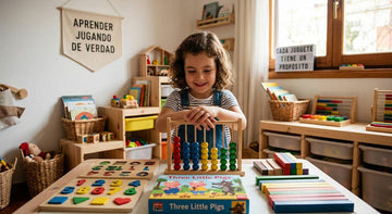 Un niño pequeño concentrado y feliz en un entorno de aprendizaje natural, utilizando regletas de madera y un ábaco para comprender las cantidades y la suma.