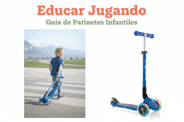 Niño montando patinete Globber azul al aire libre junto a imagen del producto Globber Primo Luces Plegable con ruedas LED – Guía de patinetes infantiles por edades Educar Jugando