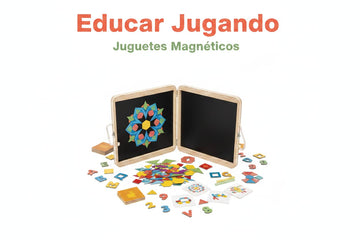 Juguetes magnéticos para niños: tablero magnético de madera, piezas geométricas translúcidas y letras imantadas de colores | Educar Jugando