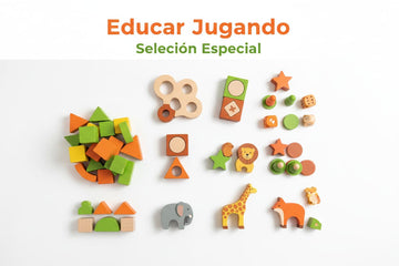 Selección especial de juguetes educativos de madera para niños: bloques, puzzles y Montessori en naranja y verde | Educar Jugando