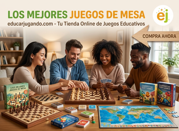 Grupo de personas jugando a juegos de mesa, incluyendo ajedrez y juegos educativos de la tienda online EducarJugando