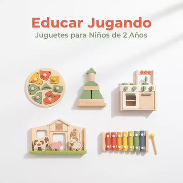 Selección de juguetes para niños de 2 años: puzle de madera, bloques de construcción, cocinita, granja con animales y xilófono, en colores coral, amarillo y verde, sobre fondo blanco. Educar Jugando.