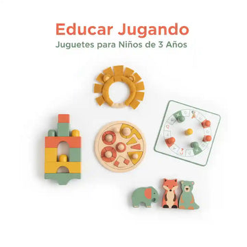 Selección de juguetes para niños de 3 años: puzle de madera, set de construcción, disfraz, juego de mesa y figuras de juego simbólico, en colores coral, amarillo y verde, sobre fondo blanco. Educar Jugando.