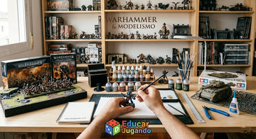 Taller de modelismo profesional con miniaturas de Warhammer pintadas a mano, herramientas de precisión, botes de pintura Citadel y Vallejo, y kits de montaje para aficionados en educarjugando.com.