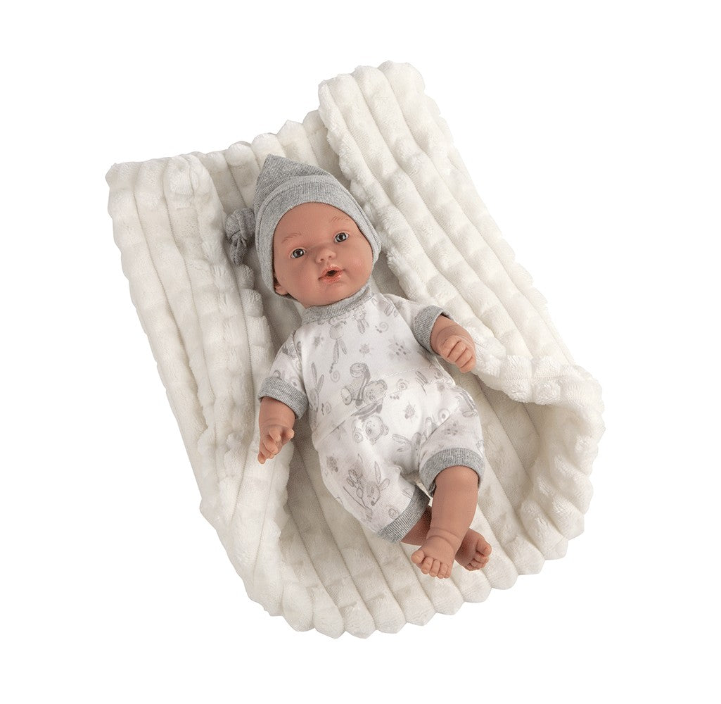 Muñeca Hanne 28 cm Arias Elegance gris con mecanismo de lloro magnético y chupete