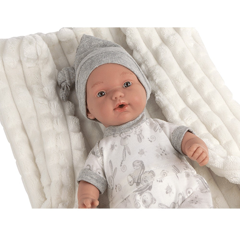 Muñeca Hanne 28 cm Arias Elegance gris con mecanismo de lloro magnético y chupete