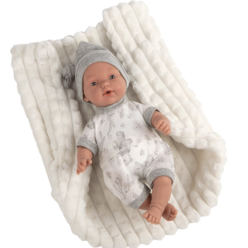 Muñeca Hanne 28 cm Arias Elegance gris con mecanismo de lloro magnético y chupete