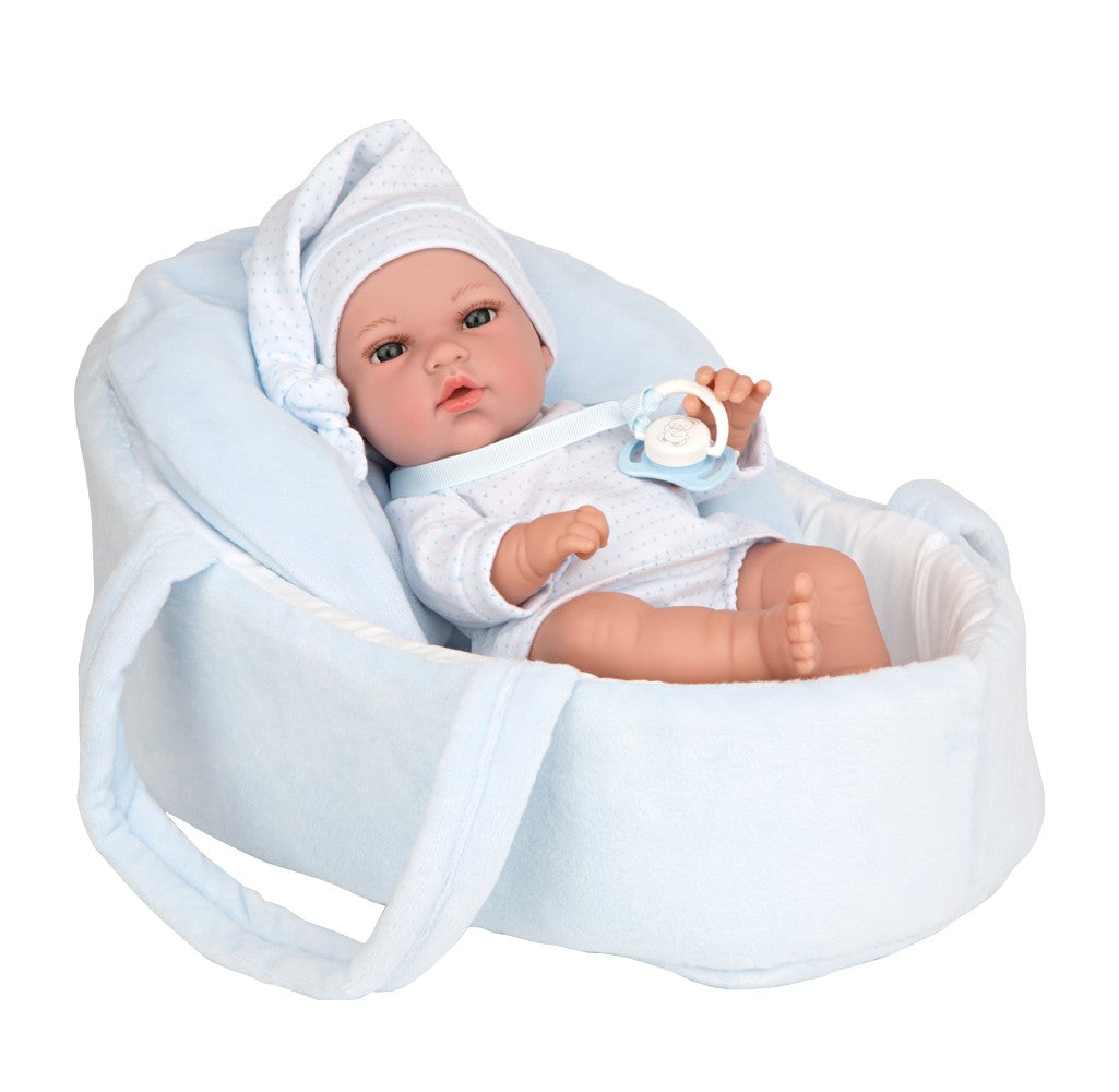 Muñeca Natal 33 cm Arias Elegance azul con capazo, chupete y cojín