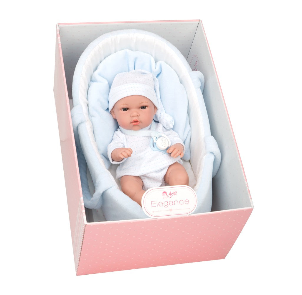 Caja de la muñeca Natal 33 cm Arias Elegance azul con capazo, chupete y presentacion de regalo