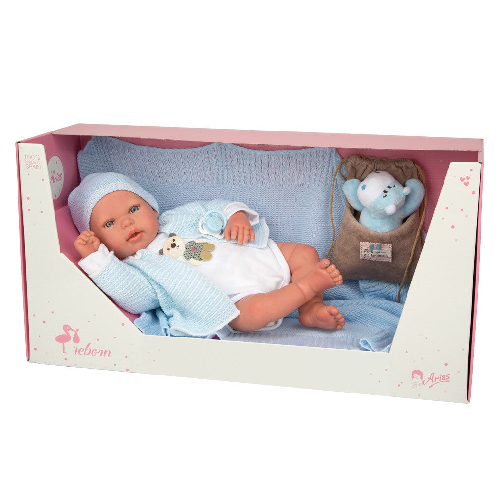 BEBÉ REBORN ADRIÁN CON MANTA, PELUCHE Y BOLSA MULTIUSOS - Arias 98081