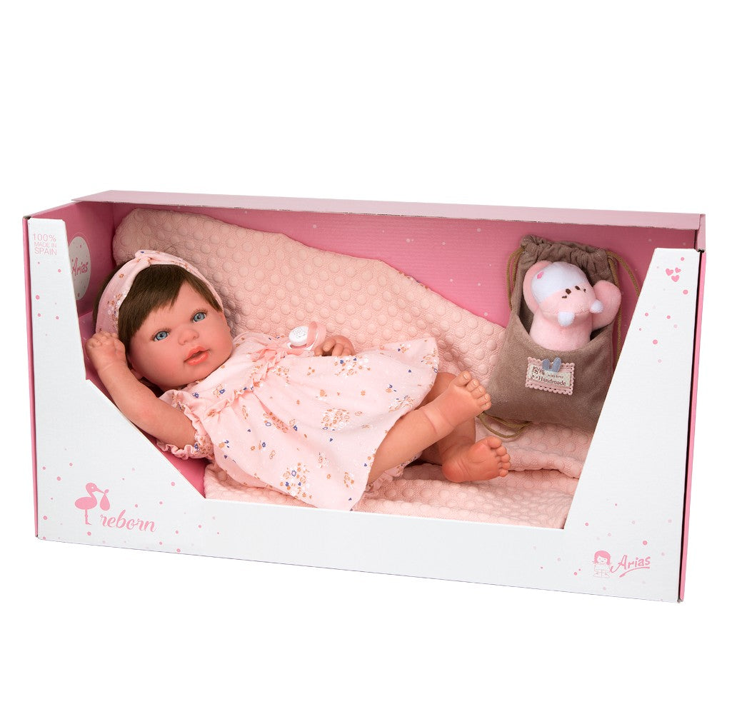 BEBÉ REBORN ESTHER CON MANTA, PELUCHE, BOLSA MULTIUSOS Y CON PELO- Arias 98083