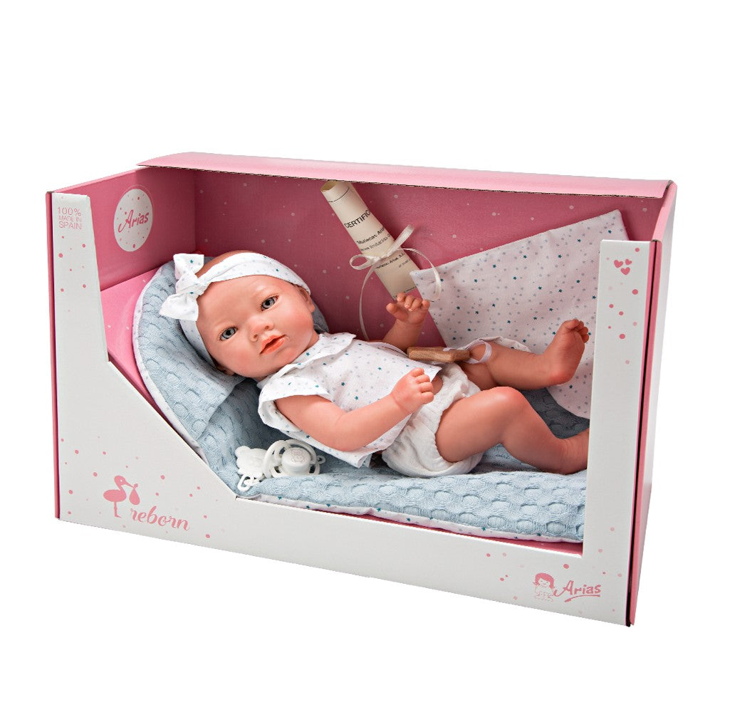 BEBÉ REBORN CLAUDIO AZUL CON COLCHONETA PARA CARRO O CUNA Y DOU DOU MORDEDOR- Arias 98091