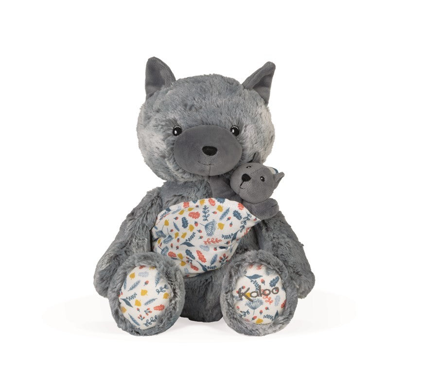 Peluche mamá osa Kaloo Linoo 35 cm con bebé en portabebé de algodón gris