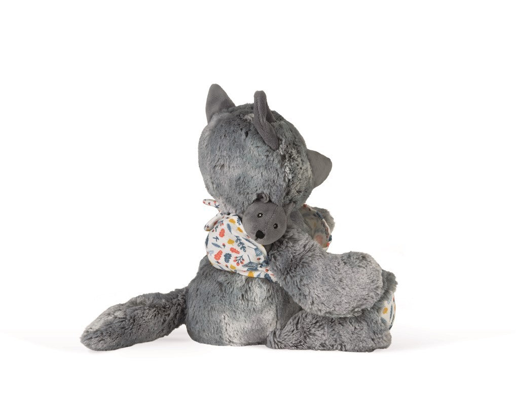 Peluche mamá osa Kaloo Linoo 35 cm con bebé en portabebé de algodón gris