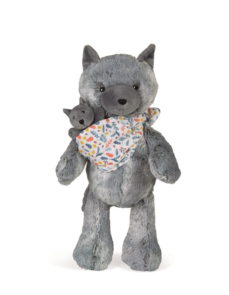Peluche mamá osa Kaloo Linoo 35 cm con bebé en portabebé de algodón gris
