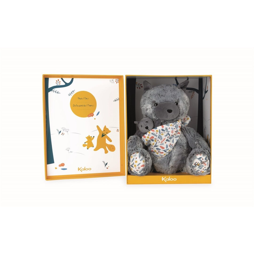 Peluche mamá osa Kaloo Linoo 35 cm con bebé en portabebé de algodón gris