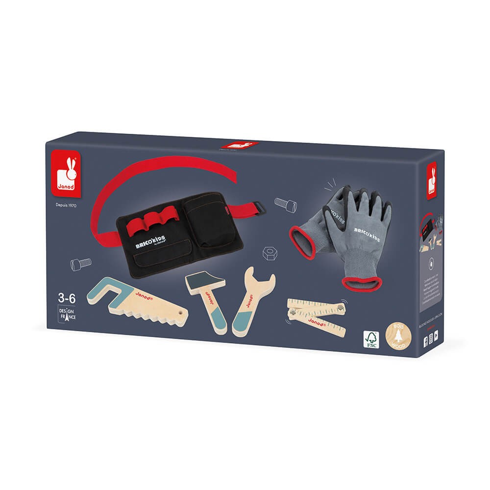 CINTURÓN DE BRICOLAJE CON HERRAMIENTAS DE MADERA Y GUANTES - Janod J06475