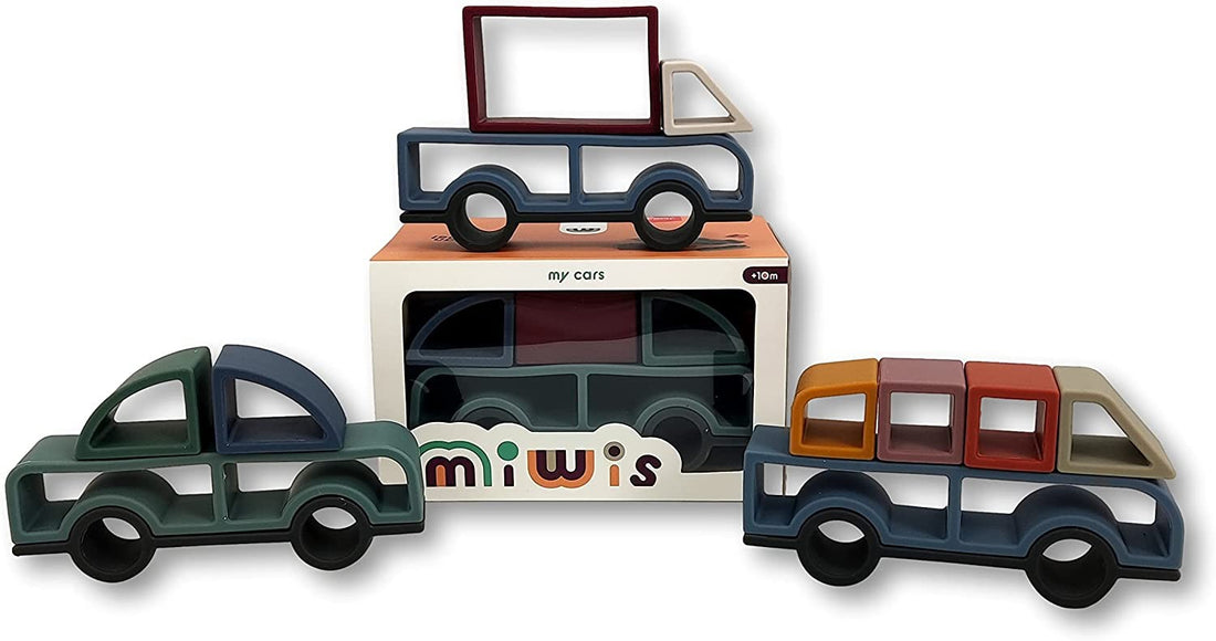 Figuras para apilar de silicona coloridas, set de coches - Miwis