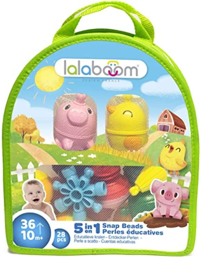 BOLSO 2 ANIMALES DE LA GRANJA Y PERLAS LALABOOM – 28 PIEZAS