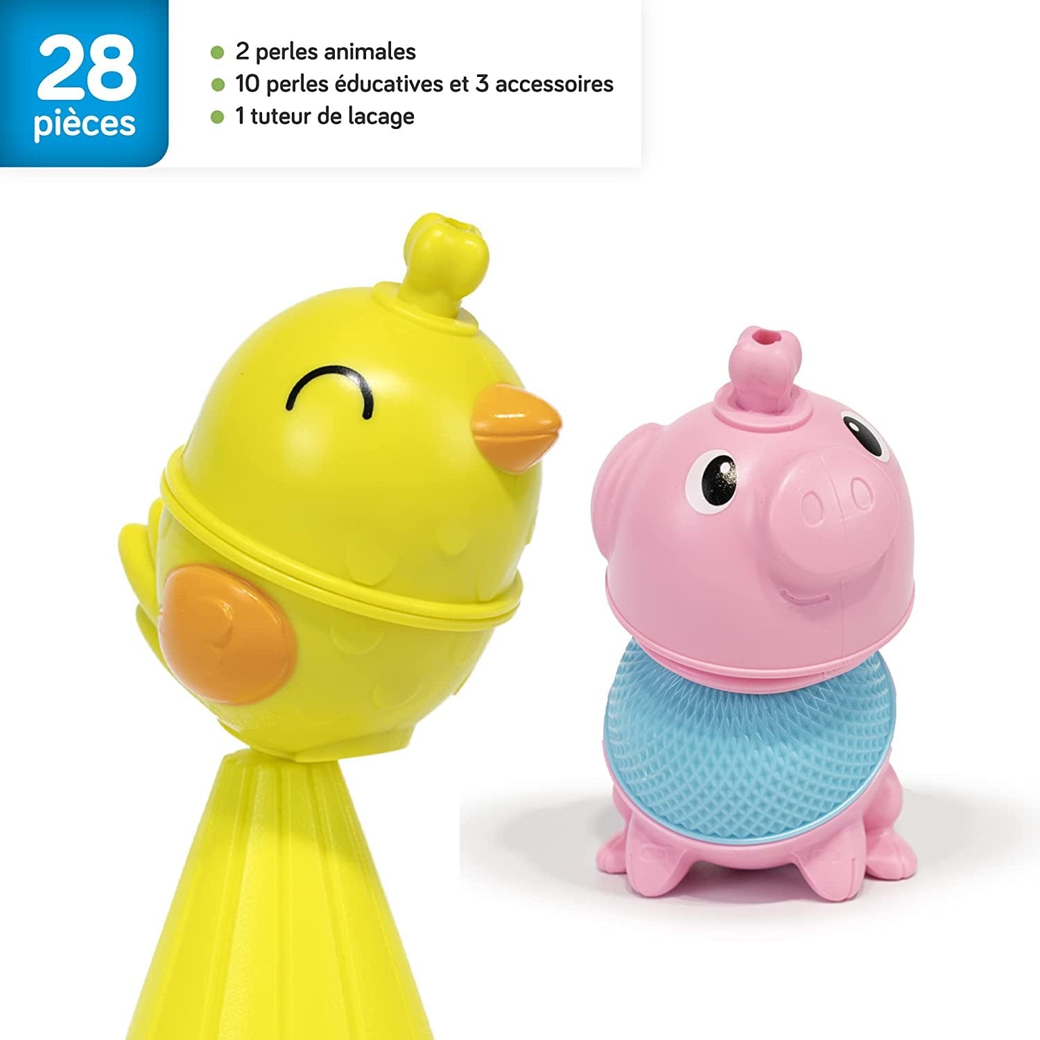 BOLSO 2 ANIMALES DE LA GRANJA Y PERLAS LALABOOM – 28 PIEZAS