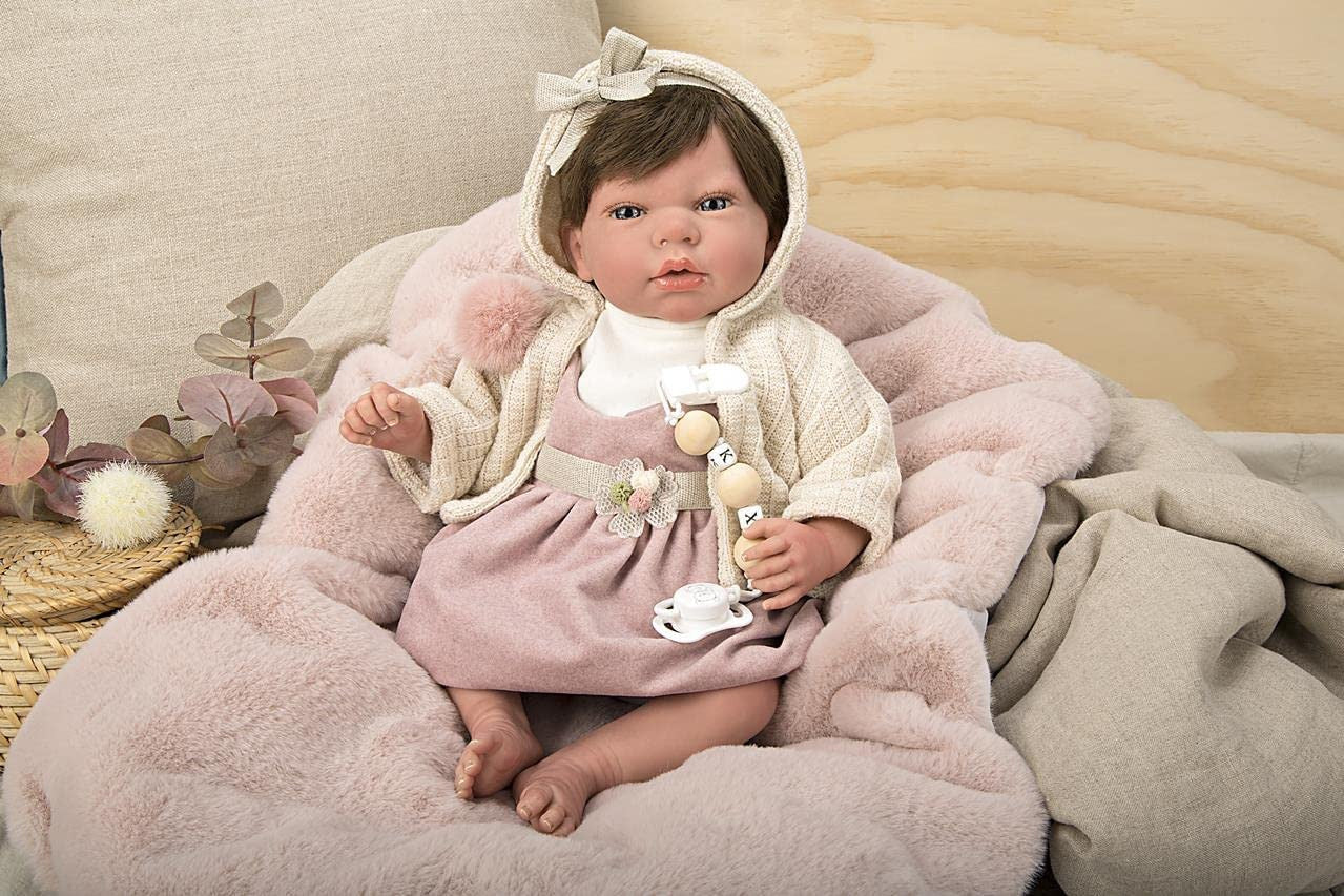 Muñeca reborn Chloe rosa Arias 98113 de 40 cm con pelo natural, manta de punto incluida y rasgos de recien nacido