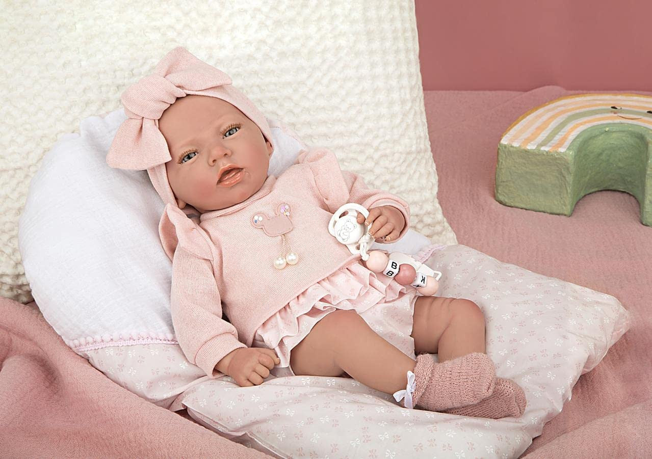 Muñeca reborn Alba rosa Arias 98121 de 40 cm con cojin rosa incluido y rasgos de recien nacido realista