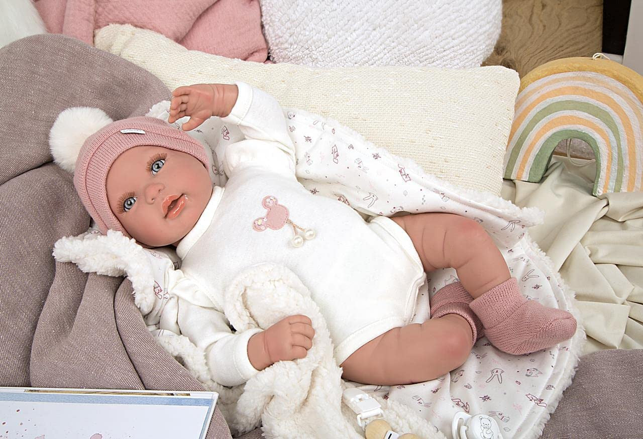 Muñeca reborn Ona Arias 98125 de 45 cm con manta de punto y mecanismo de respirar incluidos, silicona realista