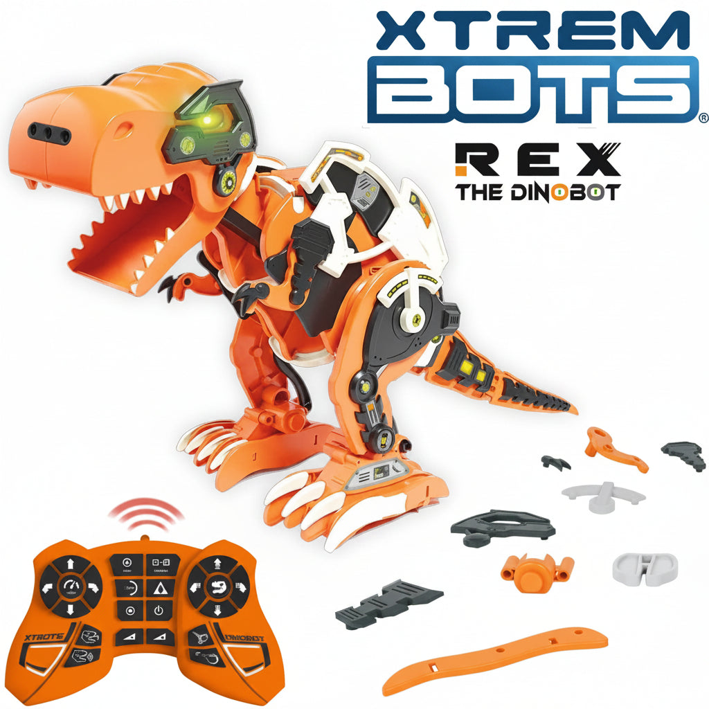 Niño programando dinosaurio robot Rex Dinobot mando infrarrojos
