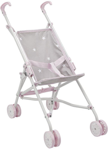 Silla de paseo para muñecas Emma de Arias, estructura blanca con asiento gris con estrellas blancas y ruedas rosas