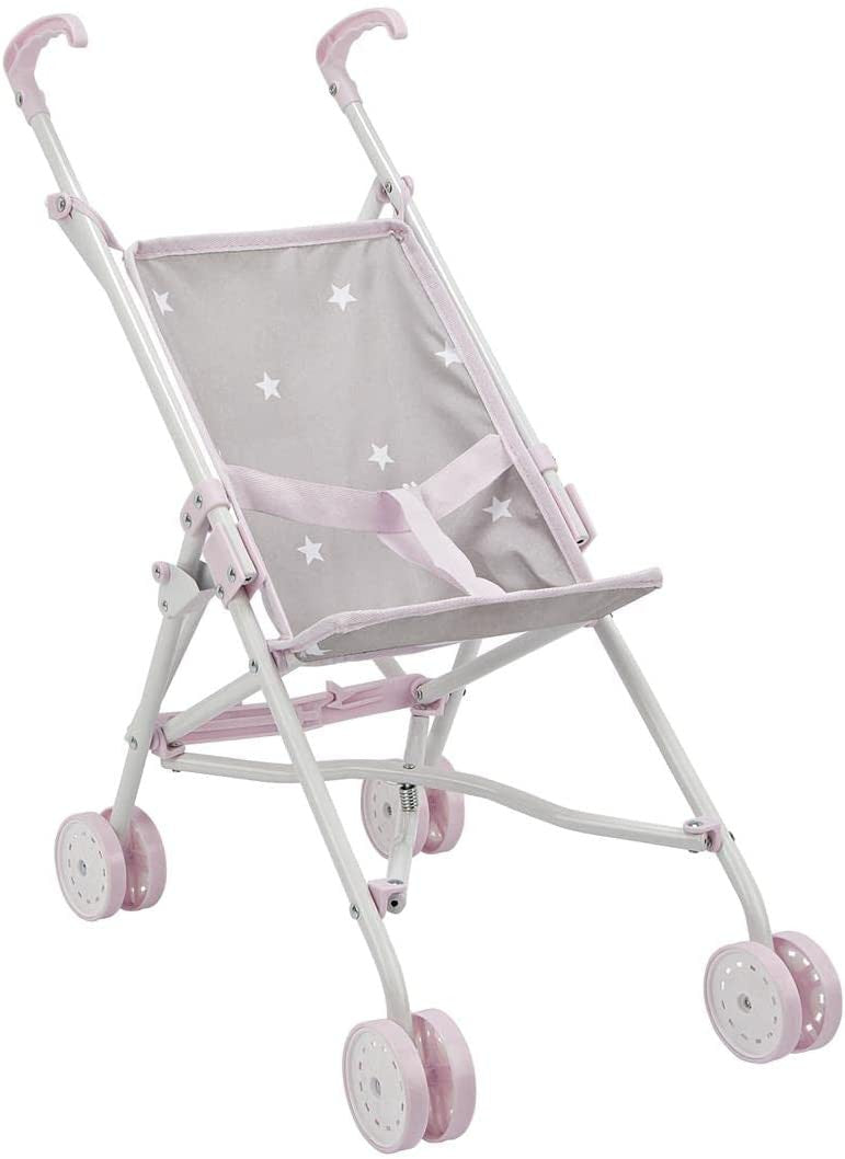 Silla de paseo para muñecas Emma de Arias, estructura blanca con asiento gris con estrellas blancas y ruedas rosas