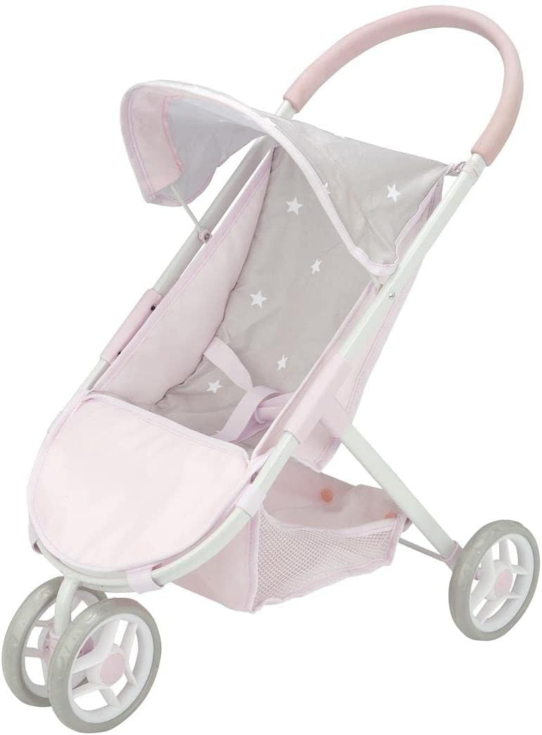 Silla de paseo con capota para muñecas Emma Arias 40623, estructura blanca con asiento rosa y estrellas blancas, manillar rosa