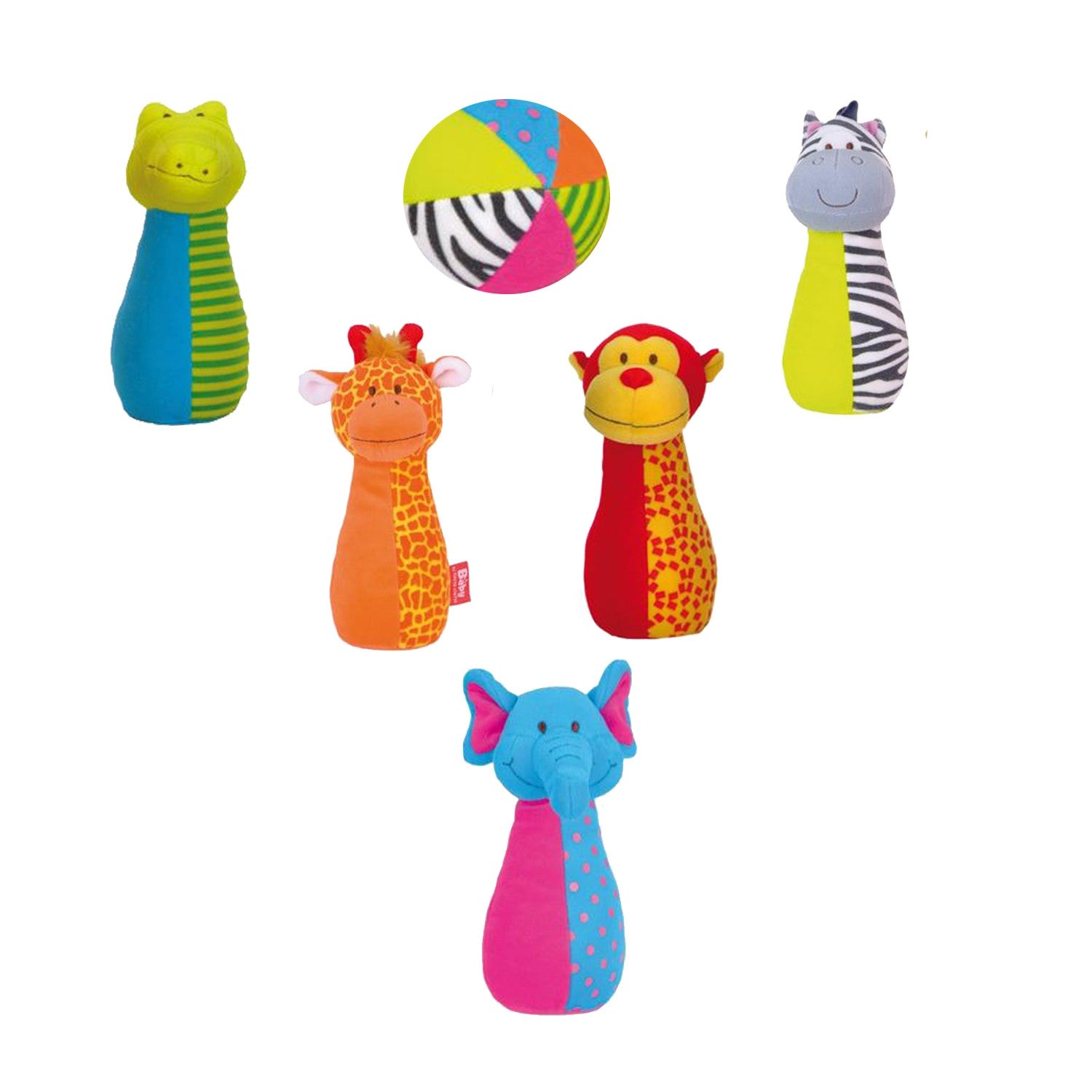 Detalle de los bolos animales blandos Fiesta Crafts con texturas y colores vivos seguros para bebés