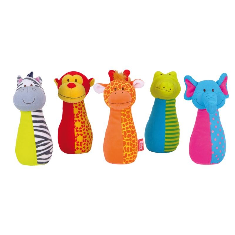Caja del set de bolos selva Fiesta Crafts con los 5 animales blandos y pelota, juguete para bebés desde 12 meses