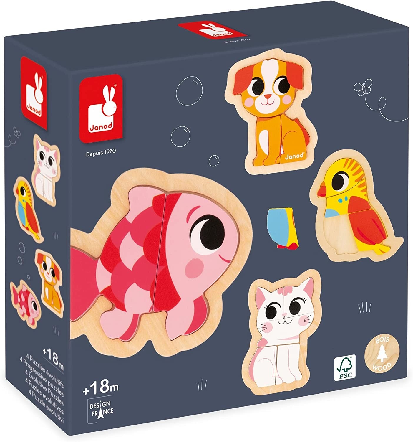 4 puzles evolutivos de madera animales de compañia - Janod J07115