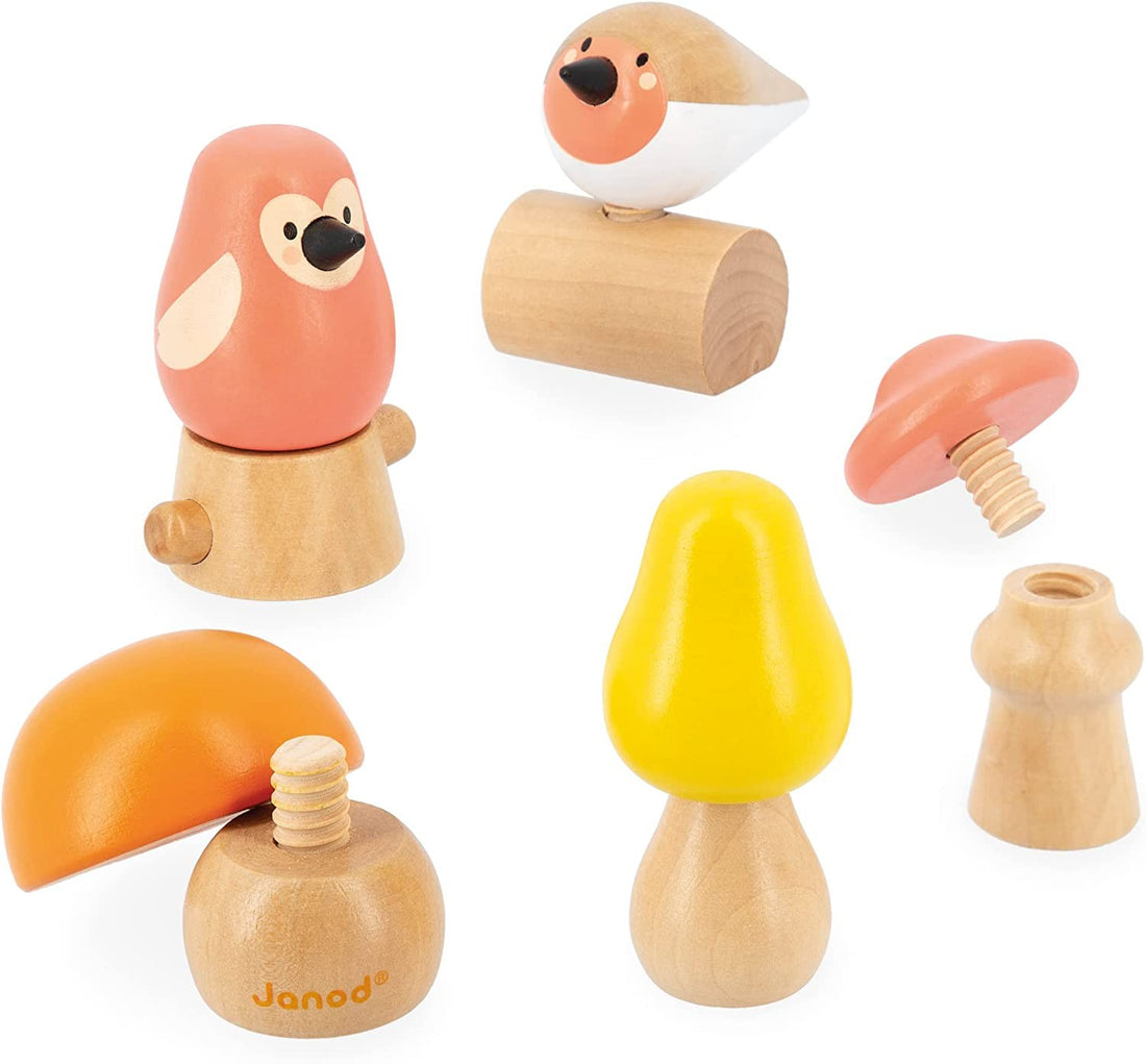 Juguete de estímulo para enroscar y desenroscar - Atornillar setas y pájaros - Janod J08643