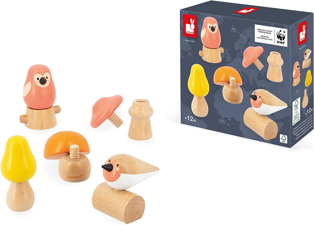 Juguete de estímulo para enroscar y desenroscar - Atornillar setas y pájaros - Janod J08643
