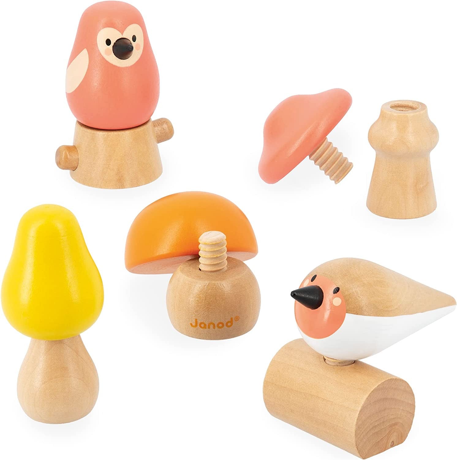 Juguete de estímulo para enroscar y desenroscar - Atornillar setas y pájaros - Janod J08643