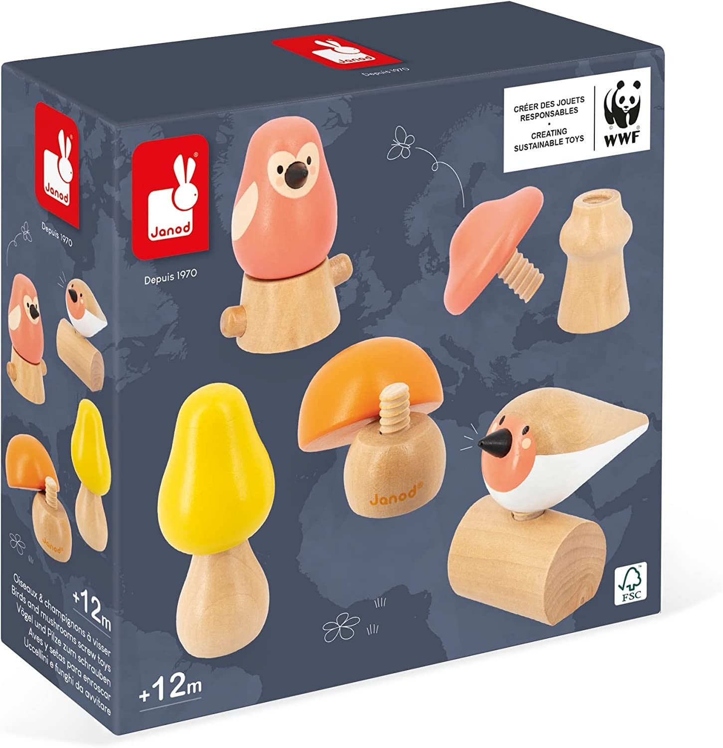 Juguete de estímulo para enroscar y desenroscar - Atornillar setas y pájaros - Janod J08643