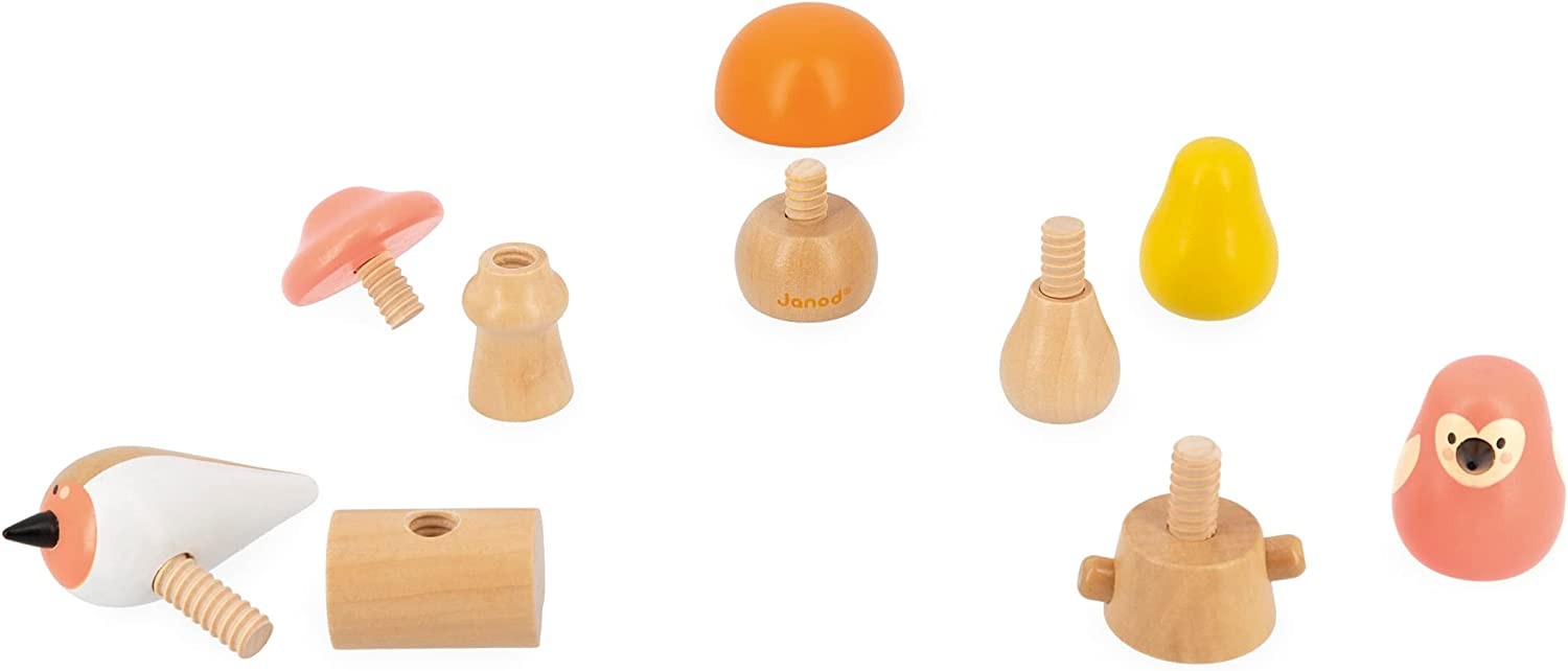 Juguete de estímulo para enroscar y desenroscar - Atornillar setas y pájaros - Janod J08643