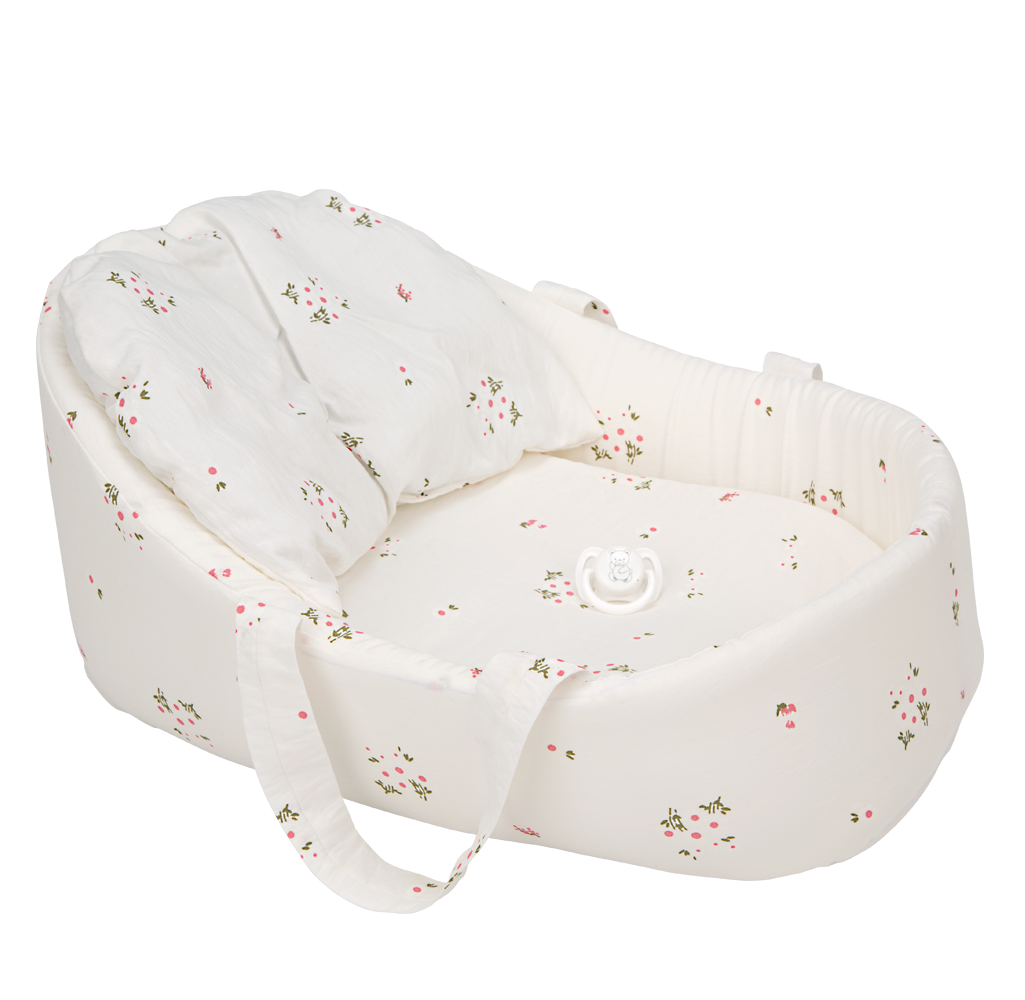 Capazo para muñecas Arias Elegance blanco con estampado floral rosa y chupete incluido