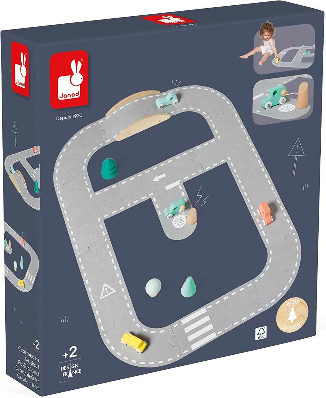 Janod Bólido Madera FSC-Juguete Primera Infancia-Circuito Fieltro + 4 Coches + 5 Accesorios-A Partir De 2 Años, J04631