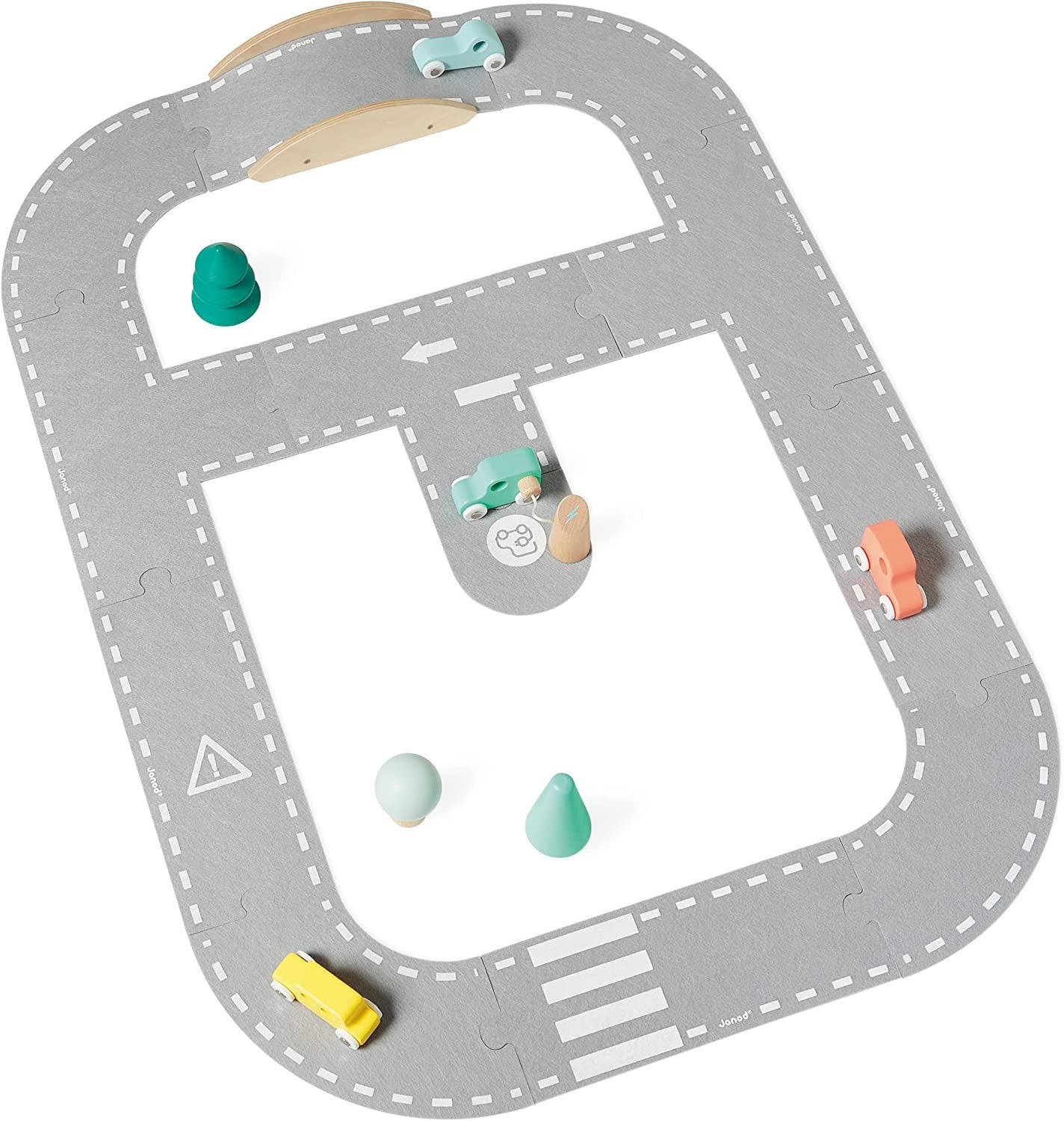 Janod Bólido Madera FSC-Juguete Primera Infancia-Circuito Fieltro + 4 Coches + 5 Accesorios-A Partir De 2 Años, J04631