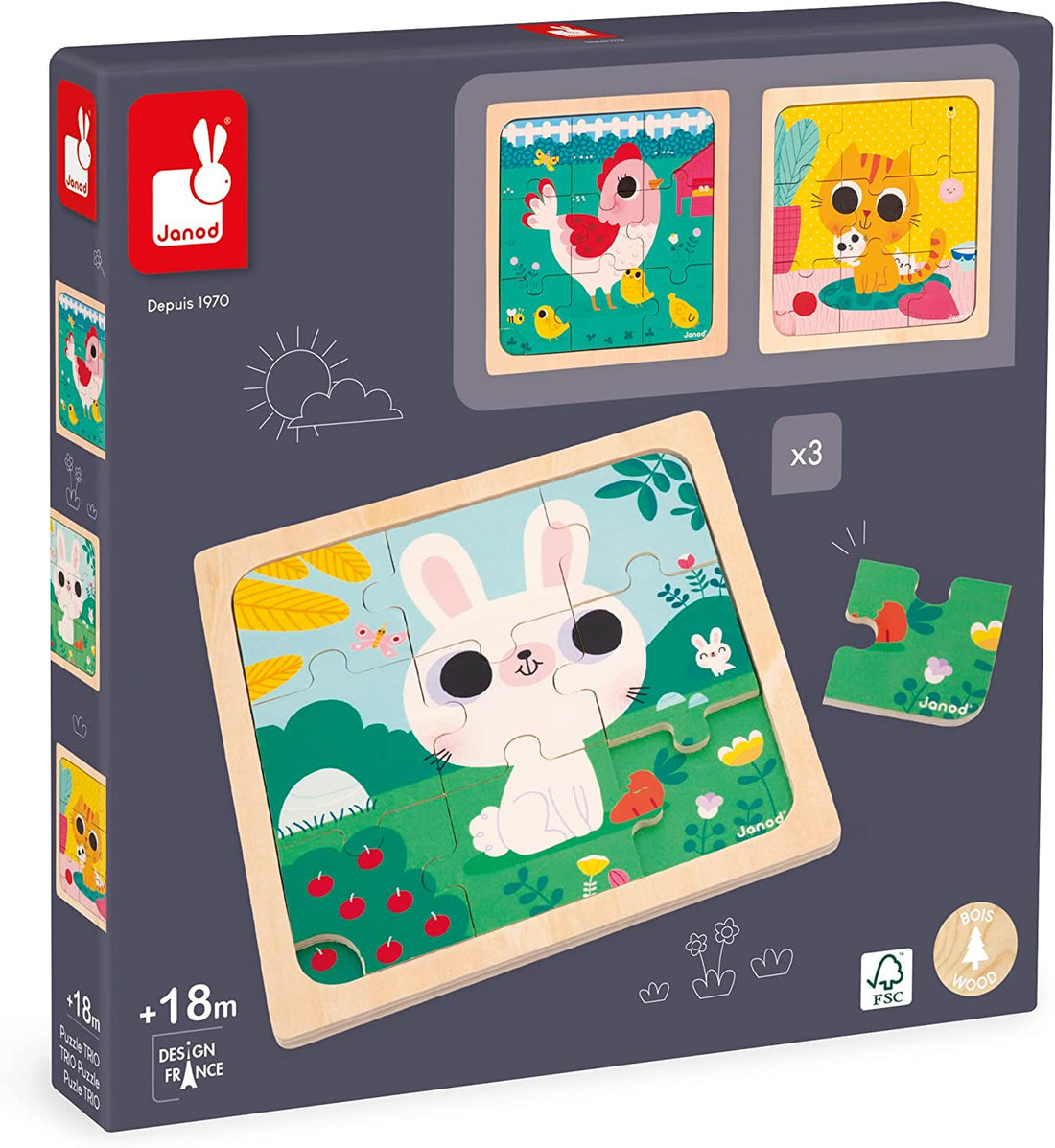 3 Puzles infantiles de madera de 9 piezas - Janod J07113